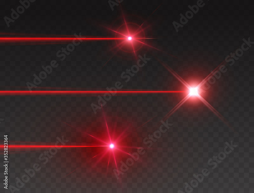 Laser beam set isolated on transparent background. Abstract red shine light rays with glow lazer flash. Vector neon explosion effects