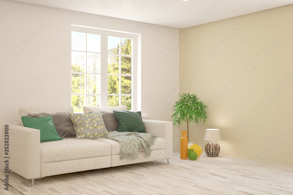 Naklejka premium White living room with sofa and summer landscape in window. Scandinavian interior design. 3D illustration