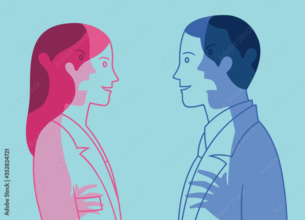 Vector profile portraits of young woman and man who smile at each other hiding mutual hostility Vector profile portraits of young woman and man who smile at each other hiding mutual hostility
