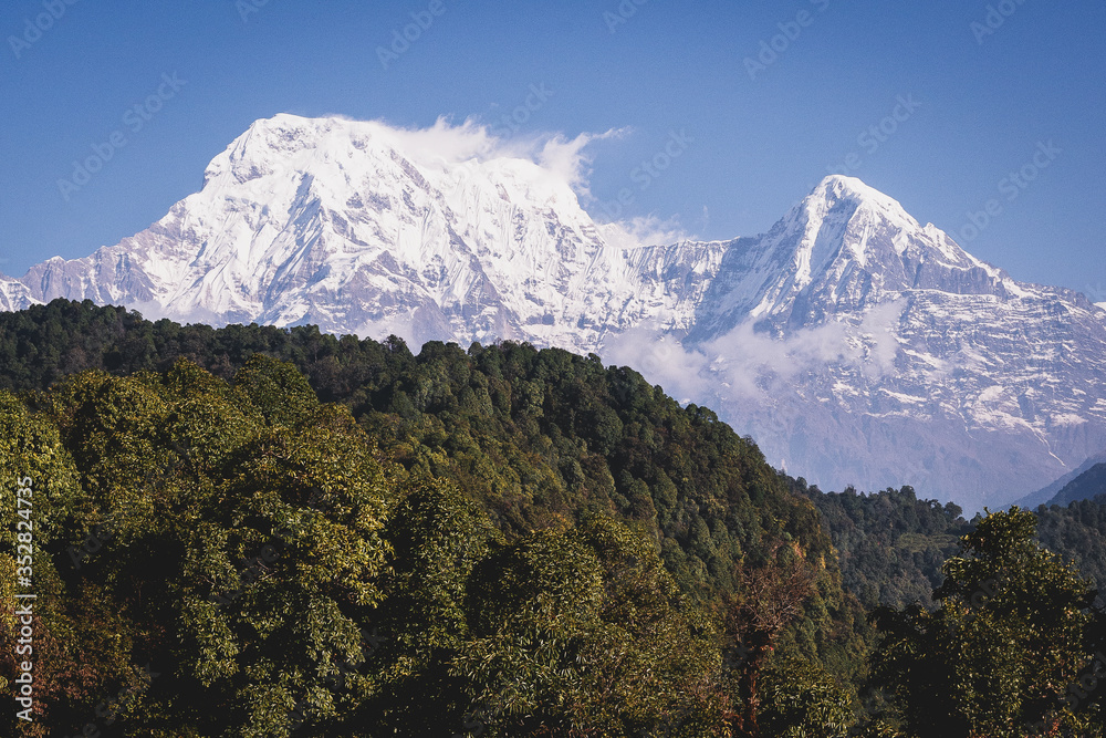 Views of Annapurnas mountains  from Pothana, Nepal during a trekking to Annapurna Base Camp 