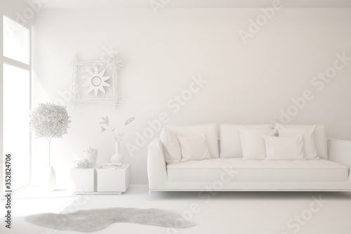 White minimalist living room with sofa. Scandinavian interior design. 3D illustration © AntonSh