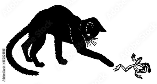 Cat and Frog, vintage illustration.