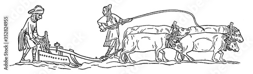 Plowing in the Middle Ages, vintage illustration.