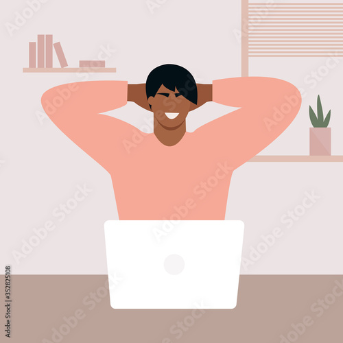 Man using laptop for virtual meeting and video conference. Working from home or video conference with friends during quarantine.