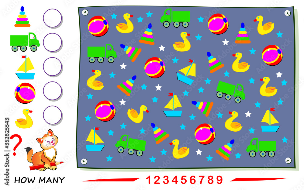 Math education for children. Count quantity of toys and write numbers