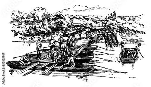 Pontoon Bridge, vintage illustration.