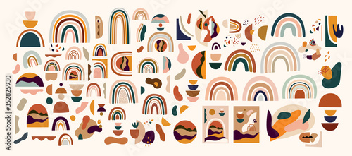 Decorative abstract horizontal banner with colorful doodles. Abstract shapes and rainbows. Hand-drawn modern illustrations. Pre-made abstract prints	
