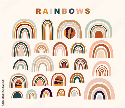 Decorative abstract horizontal banner with colorful doodles. Abstract shapes and rainbows. Hand-drawn modern illustrations. Pre-made abstract prints	