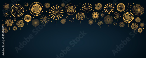 Vector illustration with bright golden fireworks border on a dark blue background, space for text. Flat style design. Concept for holiday celebration, greeting card, poster, banner, flyer.