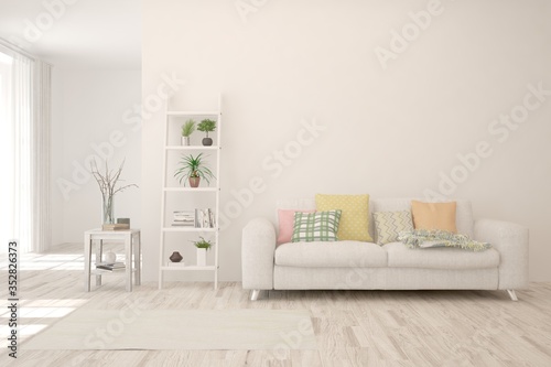 White living room with sofa. Scandinavian interior design. 3D illustration