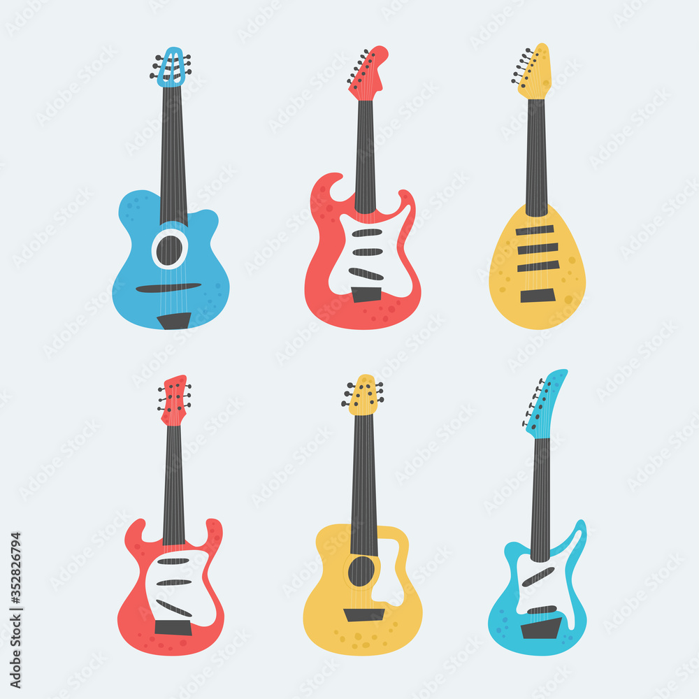 Fototapeta premium Set of acoustic and electric guitars on light background. String musical instruments on cute flat cartoon style. Vector illustration