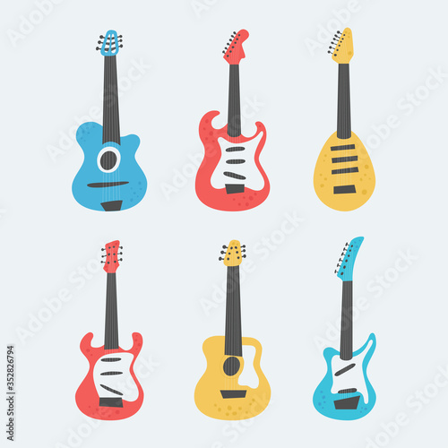 Set of acoustic and electric guitars on light background. String musical instruments on cute flat cartoon style. Vector illustration