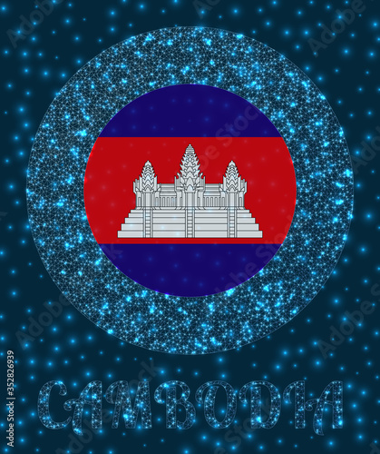 Round Cambodia badge. Flag of Cambodia in glowing network mesh style. Country network logo. Awesome vector illustration.