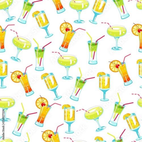 Alcoholic cocktails and beverages with straws seamless pattern