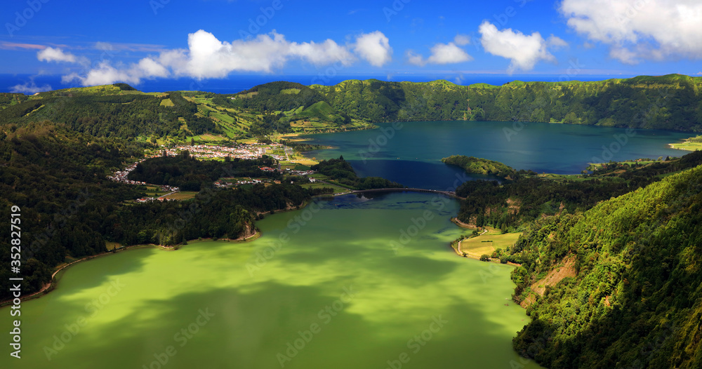 Aerial view Lake Azul and Lake Verde, Sete Cidades, Sao Miguel Island, Azores Portugal