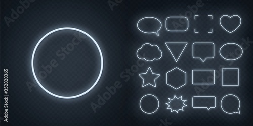 Set of white neon frames with soft glow on a transparent background. Speech bubble, square, circle, star, triangle, heart, hexagon and other glowing neon shapes on a dark background.