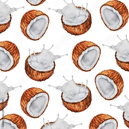 Coconut watercolor pattern. Coconut with milk and a splash on a white background. Hand drawn illustration, fashion watercolor.