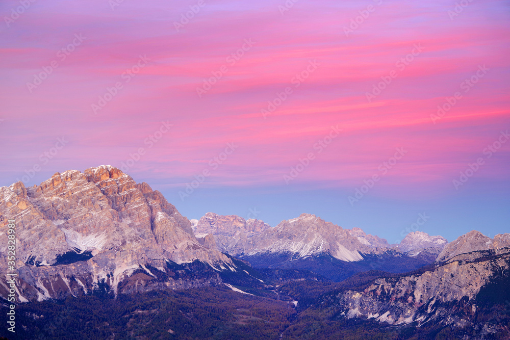 Sunset alpine light in the Dolomites, Italy, Europe