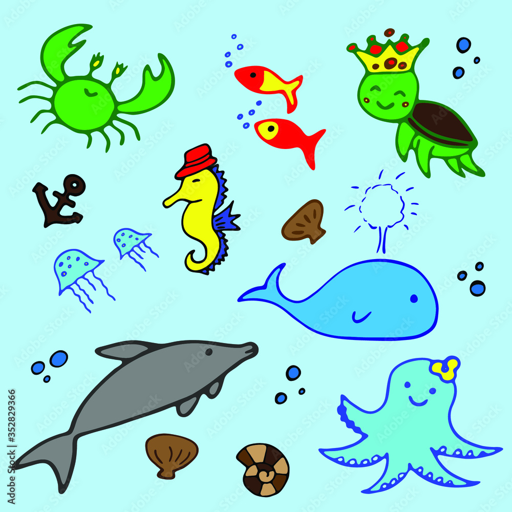 Sea animals vector set. Sea life cartoon set. Sea animals vector set. Sea life cartoon set.