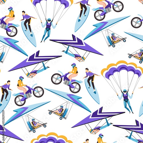 Motorbiking and parachuting extreme hobbies seamless pattern vector