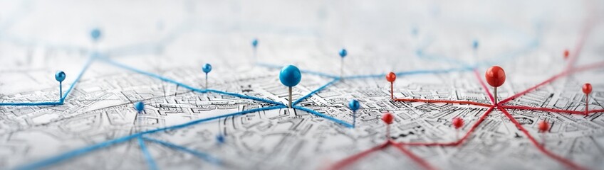 Find your way. Location marking with a pin on a map with routes. Adventure, discovery, navigation, communication, logistics, geography, transport and travel theme concept background.