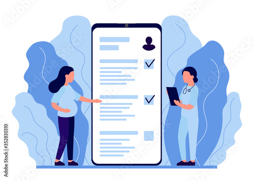 Young pregnant woman at consultation with doctor. Pregnancy monitoring, analysis, monitor health. Expectant mother, motherhood, single mother. Vector illustration flat style