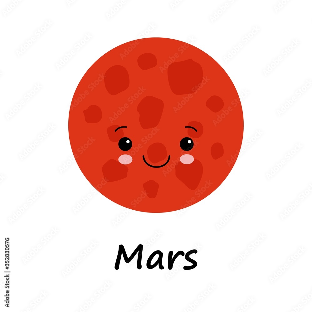 Obraz premium Vector cartoon illustration of cute smiling Mars face. Colorful Vector Illustration of red planet in space on white background.