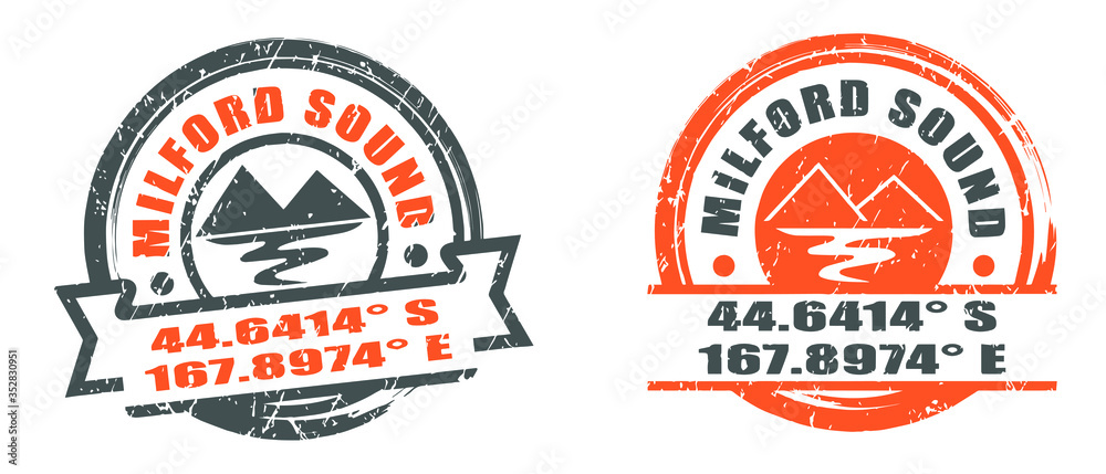 Milford Sound coordinate stamp. With the mountains and sea image inside. Grunge textures. Vector illustration. Milford Sound coordinate stamp. With the mountains and sea image inside. Grunge textures. Vector illustration.