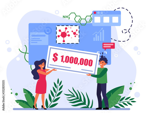 People winning grant for coronavirus research. One million dollars, prize, award flat vector illustration. Wealth, epidemic, financial success concept for banner, website design or landing web page