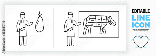 Editable line icon of a stick figure butcher in his shop standing in full body view in a apron holding a knife and pointing to a piece of meat showing all the beef cuts of a cow on a diagram boardv