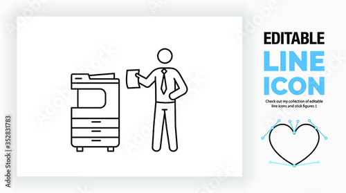 Editable line icon of a stick figure businessman standing next to the copier in the print room of the office holding a paper file waiting for the rest of the document in a black stroke as a eps vector