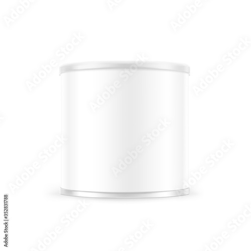 Hight realistic tin can mockup for food. Vector illustration isolated on white background. Easy to use for presentation your product, idea, design. EPS10.