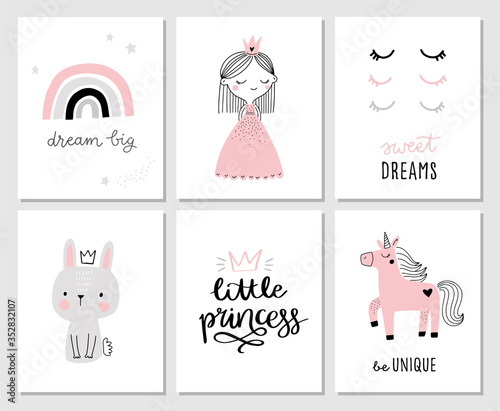 Cute girl nursery posters for baby room, greeting card, baby shower invitations. Little princess, unicorn, bunny, rainbow. Hand drawn vector illustration for prints, cards, apparel. Scandinavian style