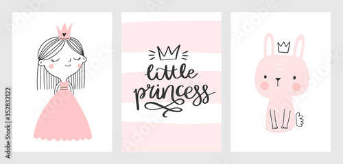 Little princess baby cards, nursery posters, baby shower invitations. Cute princess, bunny, hand drawn lettering. Scandinavian vector illustration for prints, cards, apparel.