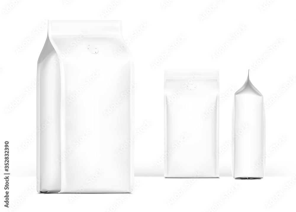 Coffee bag package mockup with degassing valve. Front, side and perspective view. Vector illustration on white background. Packaging mockup ready for your design, presentation, promo, adv. EPS10. Coffee bag package mockup with degassing valve. Front, side and perspective view. Vector illustration on white background. Packaging mockup ready for your design, presentation, promo, adv. EPS10.