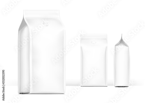 Coffee bag package mockup with degassing valve. Front, side and perspective view. Vector illustration on white background. Packaging mockup ready for your design, presentation, promo, adv. EPS10.	