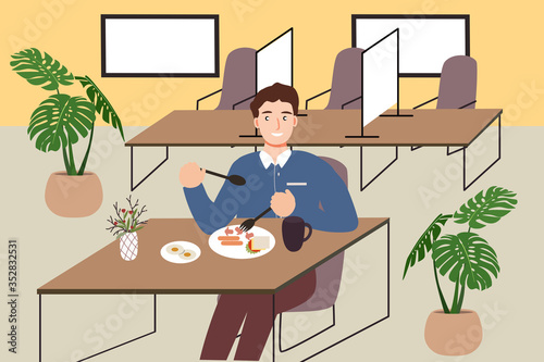 People respecting social distancing measures inside department store. Man sitting in restaurant eating food with table shield to protect infection from coronavirus covid-19.Cartoon flat style vector.