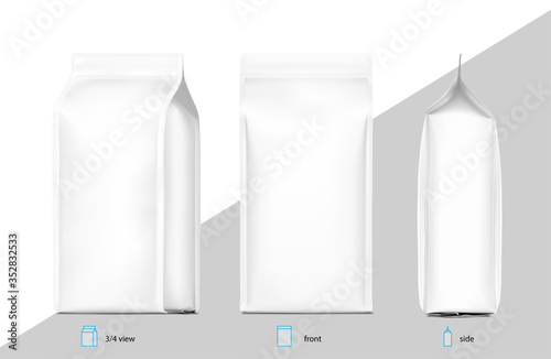 Coffee bag package mockup. Front, side and perspective view. Vector illustration on white background. Packaging mockup ready for your design, presentation, promo, adv. EPS10.	
