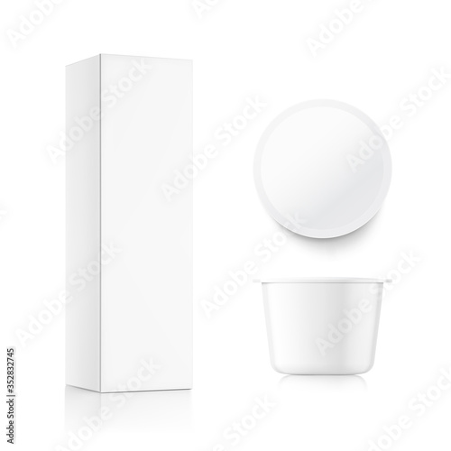 Realistic coffee capsule mockup with cardboard box. Vector illustration on white background. Easy to use for presentation your product, idea, design. EPS10.	