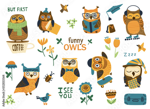 Funny owls collection. Cute hand drawn owl characters. Birds with glasses study, read a book, sleep, roller skate or skateboard. Set of vector illustrations in cartoon style