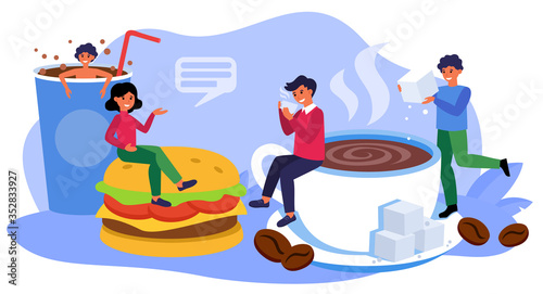 People meeting in fast food restaurant. Coffee, sugar, soda, cheeseburger flat vector illustration. Unhealthy eating, bad habit concept for banner, website design or landing web page