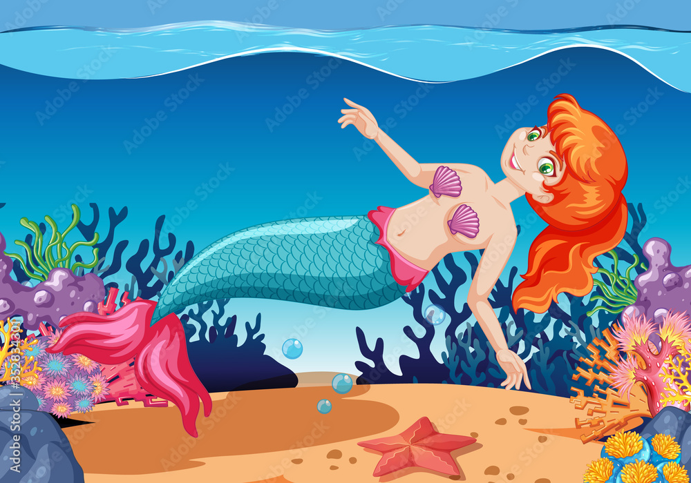 Cute mermaids cartoon character cartoon style on under sea background
