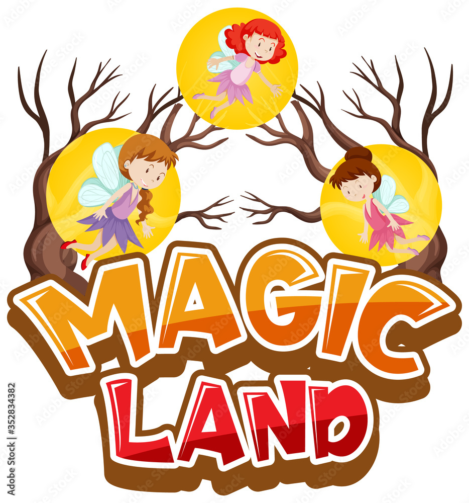 Font design for word magic land with many fairies flying Font design for word magic land with many fairies flying