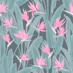 Fototapete Tropische Paradiesblumen-Muster Strelitzia Boho Tropenmuster für Stoffdesign  © SunwArt