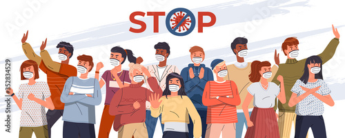 Crowd of multinational people in face medical masks protesting against world epidemic. Group of characters gesturing stop signs to spreading virus. Concept of covid19. Vector banner, crossed out virus