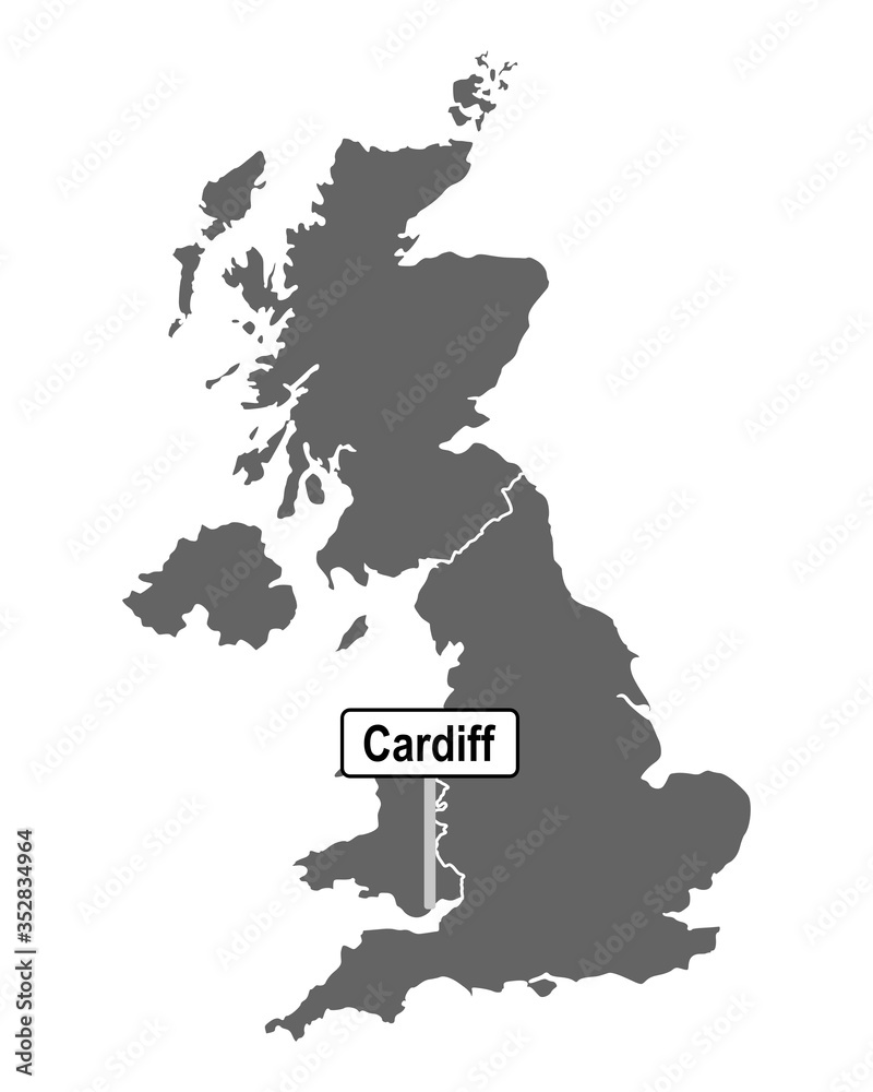 Landkarte von Großbritannien mit Ortsschild von Cardiff