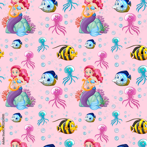 Fototapeta Naklejka Na Ścianę i Meble -  Seamless mermaid and sea animal cartoon style on pink background