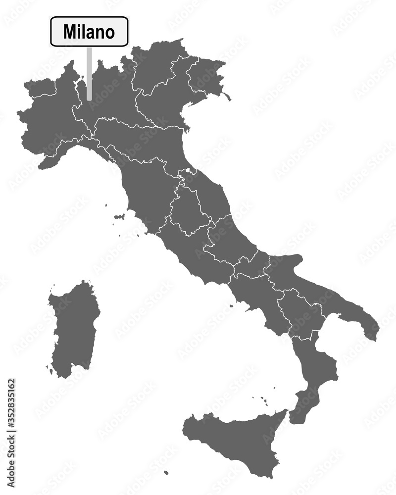 Landkarte von Italien mit Ortsschild von Milano