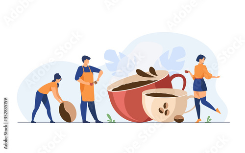 Happy people drinking black coffee. Barista making espresso among cups and beans for coffee shop customer. Flat vector illustration for beverage, morning, coffee concept