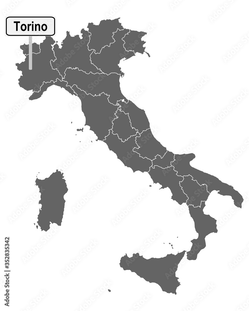 Landkarte von Italien mit Ortsschild von Torino Landkarte von Italien mit Ortsschild von Torino